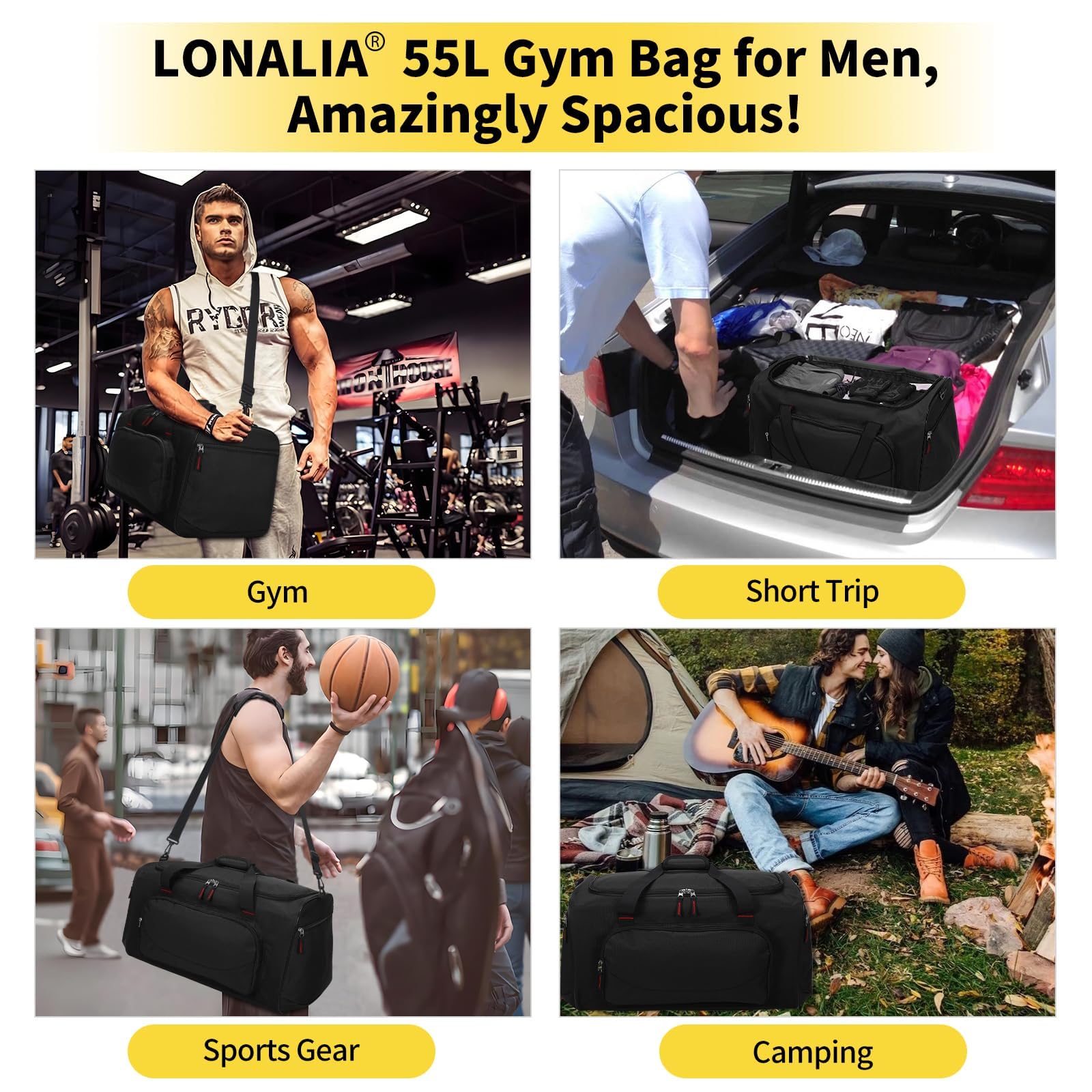 Grand Sac de Sport Homme 55L - Sac de Fitness Voyage Gym - Noir