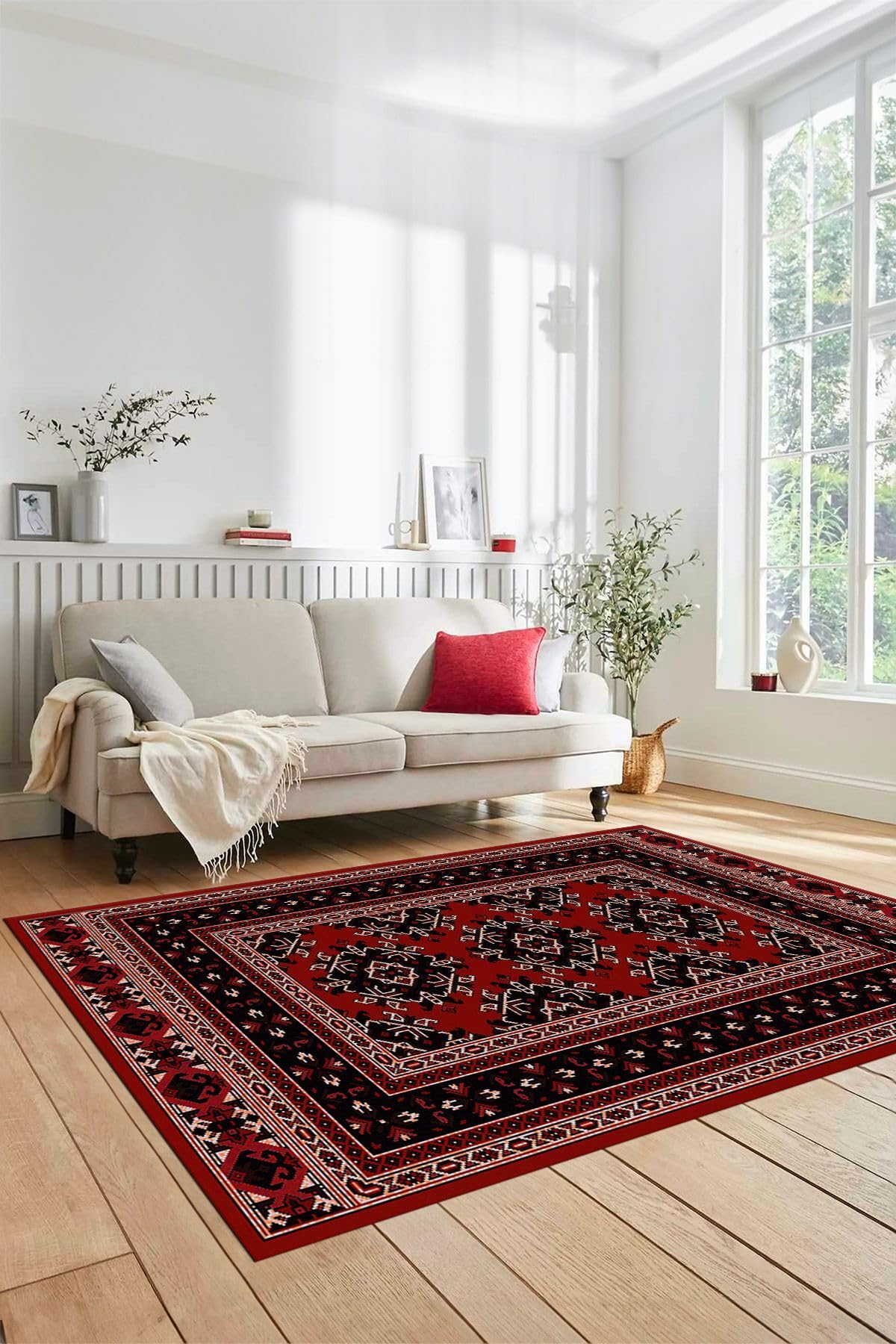 Evdeya Dijital Baskılı Kaymaz Taban Yıkanabilir Şık Etnik Desen Yolluk Mutfak Salon Halısı ETNİK-04, Kırmızı, 40 x 60