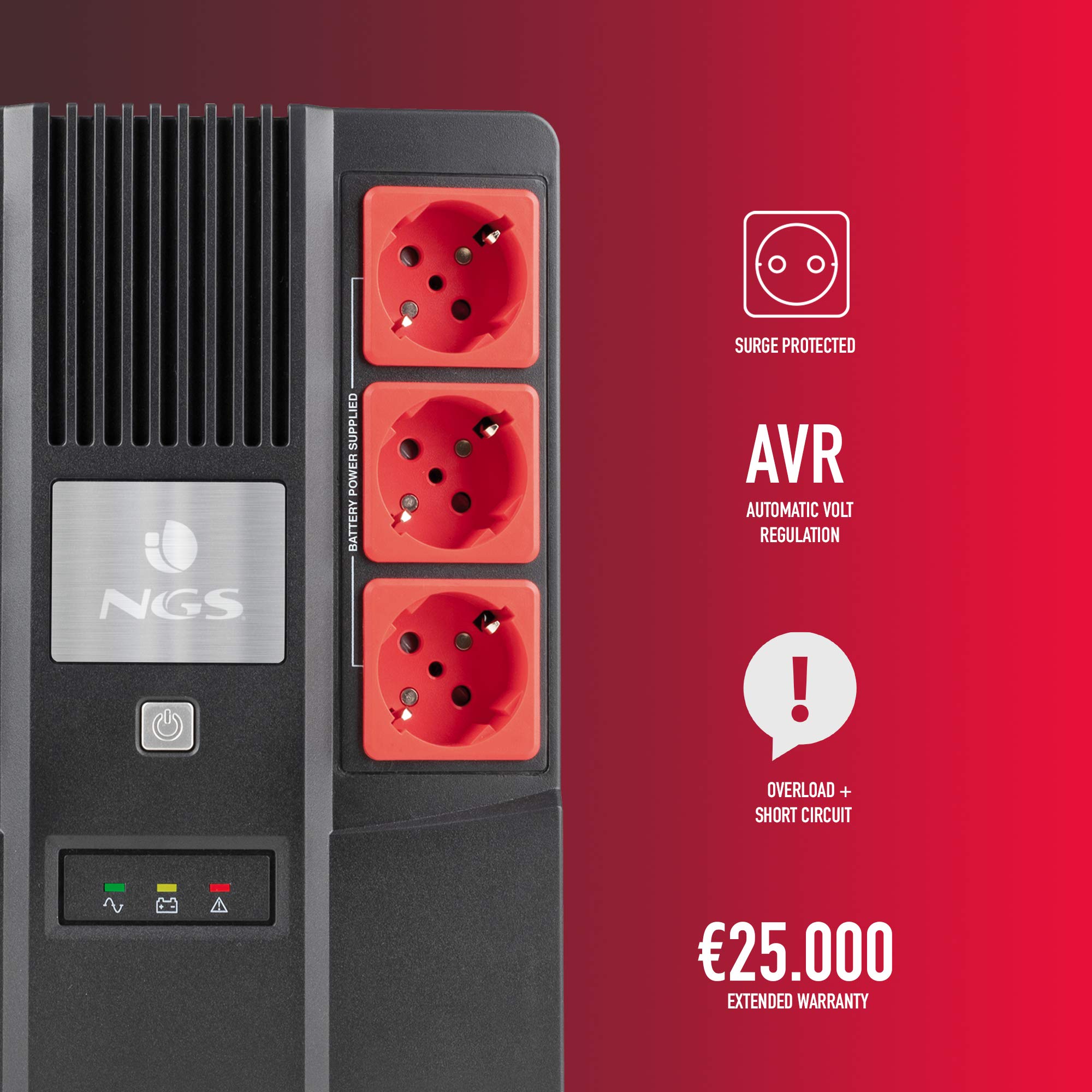 NGS FORTRESSBUNKER - Gruppo di Continuità SAI, Off Line UPS 600 VA 360W con Batteria Incorporata 12V/7Ah e 6 Prese Schuko con Protezione contro i Picchi di Tensione