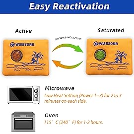 Wisesorb 50g x 6 Packs Rechargeable Desiccant Packs, Orange Indicating Silica Gel Packets, Moisture Absorber for Storage, Seeds, 3D Filaments, Electronics, Safes, Luggage - Reusable Dehumidifier Bags