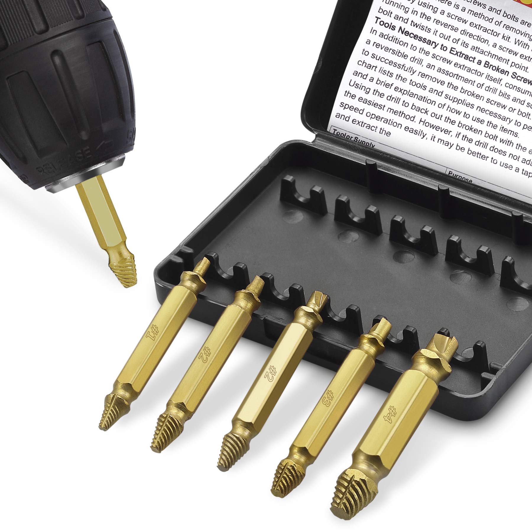 ORIA Screw Extractor, Damaged Screw Remover and Bolt Extractor, Set of 5 and Made from H.S.S. 4341#, with 62-63 HRC Hardness, Easily Remove Stripped or Damaged Screws -Gold