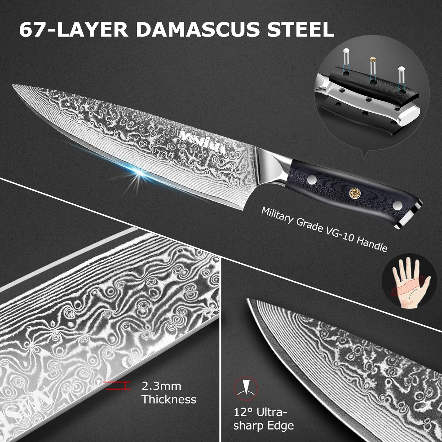 MOSFiATA Damascus Chef Knife Set 5PCS-Professional Sharp High Carbon VG10 Stainless Steel Kitchen Knife with Finger Guard, Knife Sharpener Rod Gift - Image 2