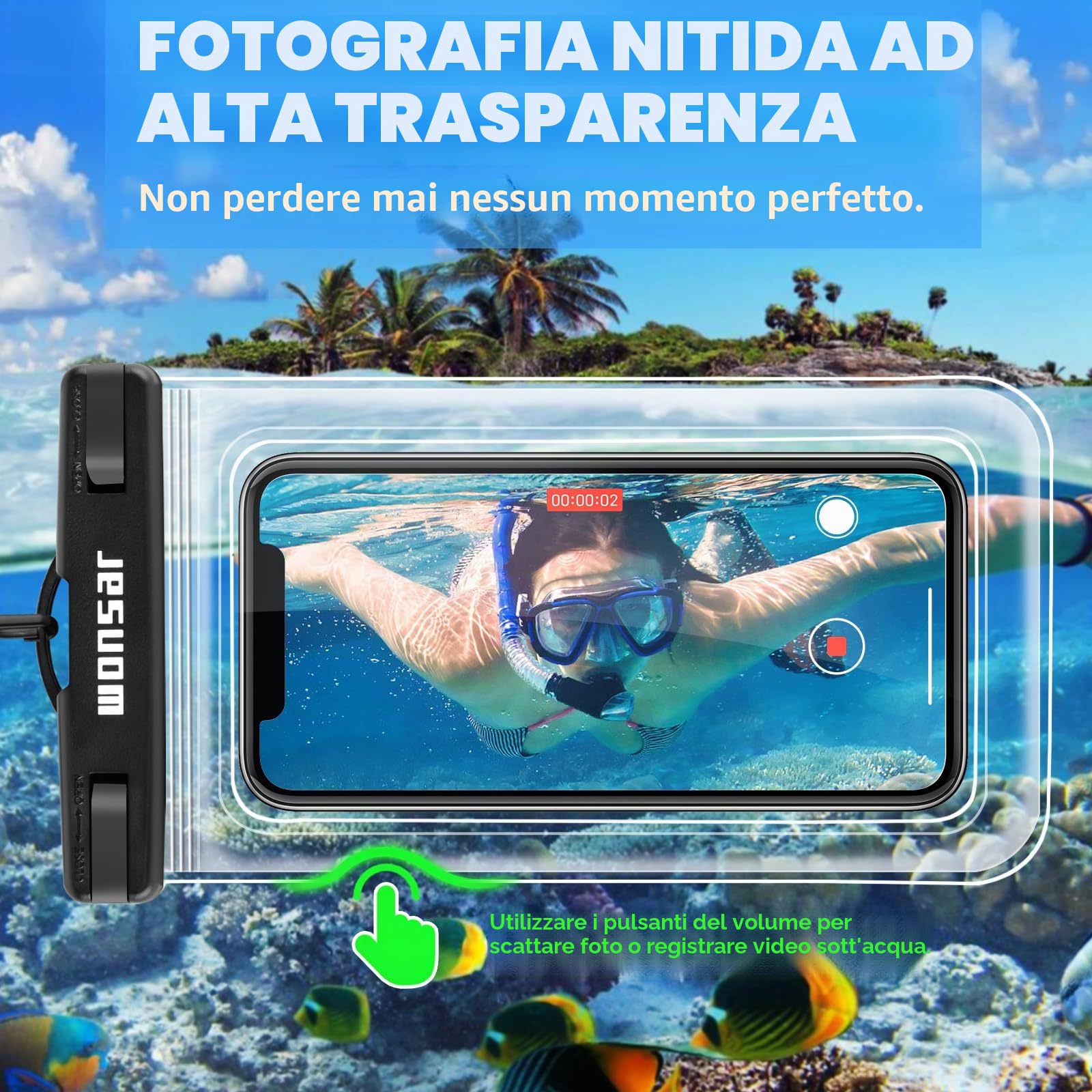 WONSAR borsa impermeabile, marsupio Custodia Smartphone, Porta Cellulare Subacquea Universale per Spiaggia Nuoto, Canottaggio, Pesca, Vela, Escursioni
