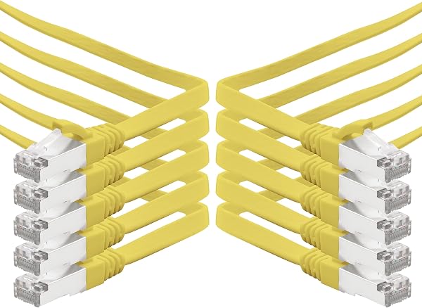 0.5m - Yellow - 10pcs Flat Cable CAT.7 Gigabit Ethernet LAN (RJ45) Network Cable Raw Cable (10Gbit/s) Thin Flat Installation Cable Compatible with Cat.5 - Cat.5e - Cat.6 - 1