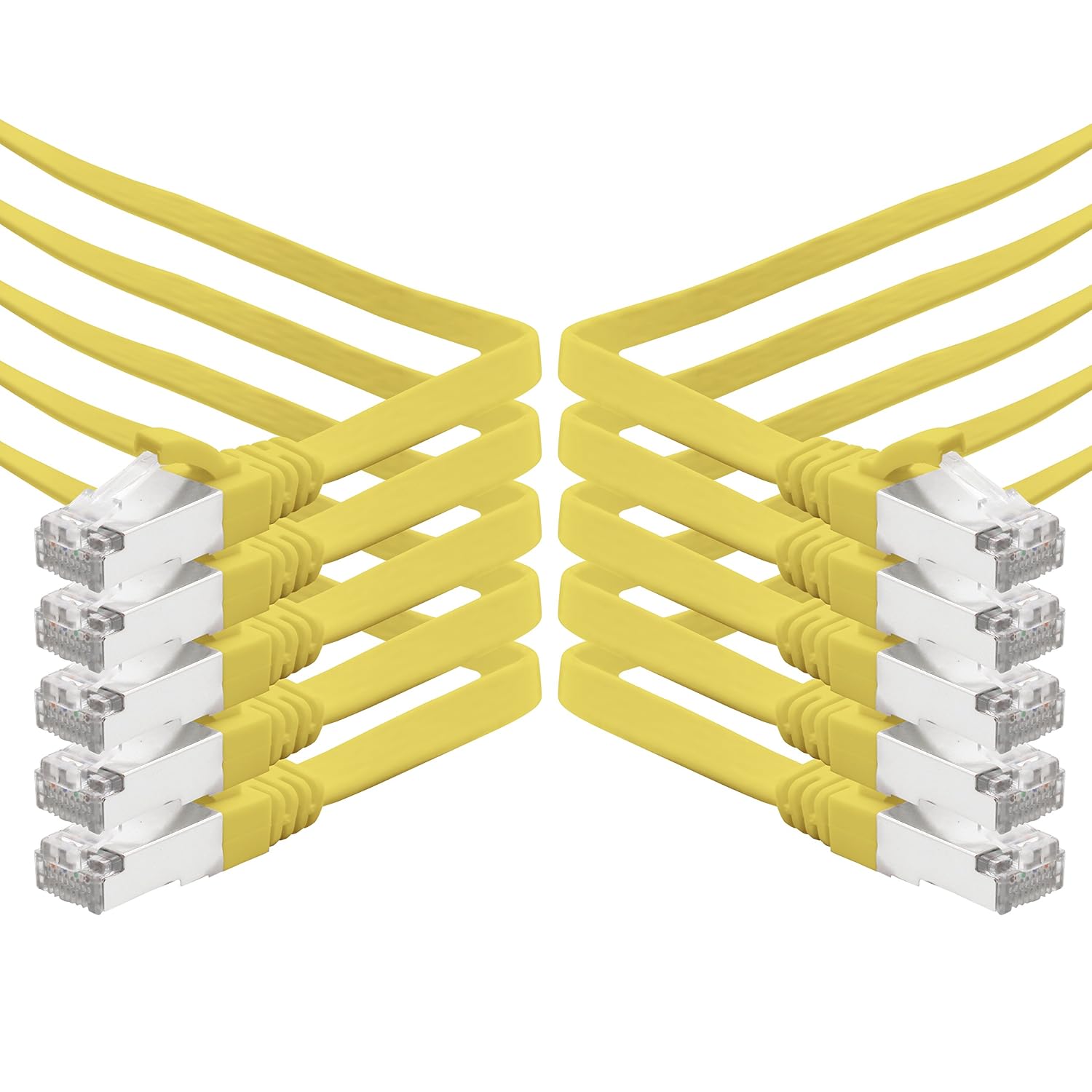 1aTTack.de Cat.7 Gigabit Ethernet LAN Flat Ribbon Cable (RJ45), Network Cable, Raw Cable, (10 Gbit/s) Installation Cable, Flat Slim Compatible with Cat. 5 - CAT. 5e - CAT. 6 Yellow - 10 Pieces 7.5m