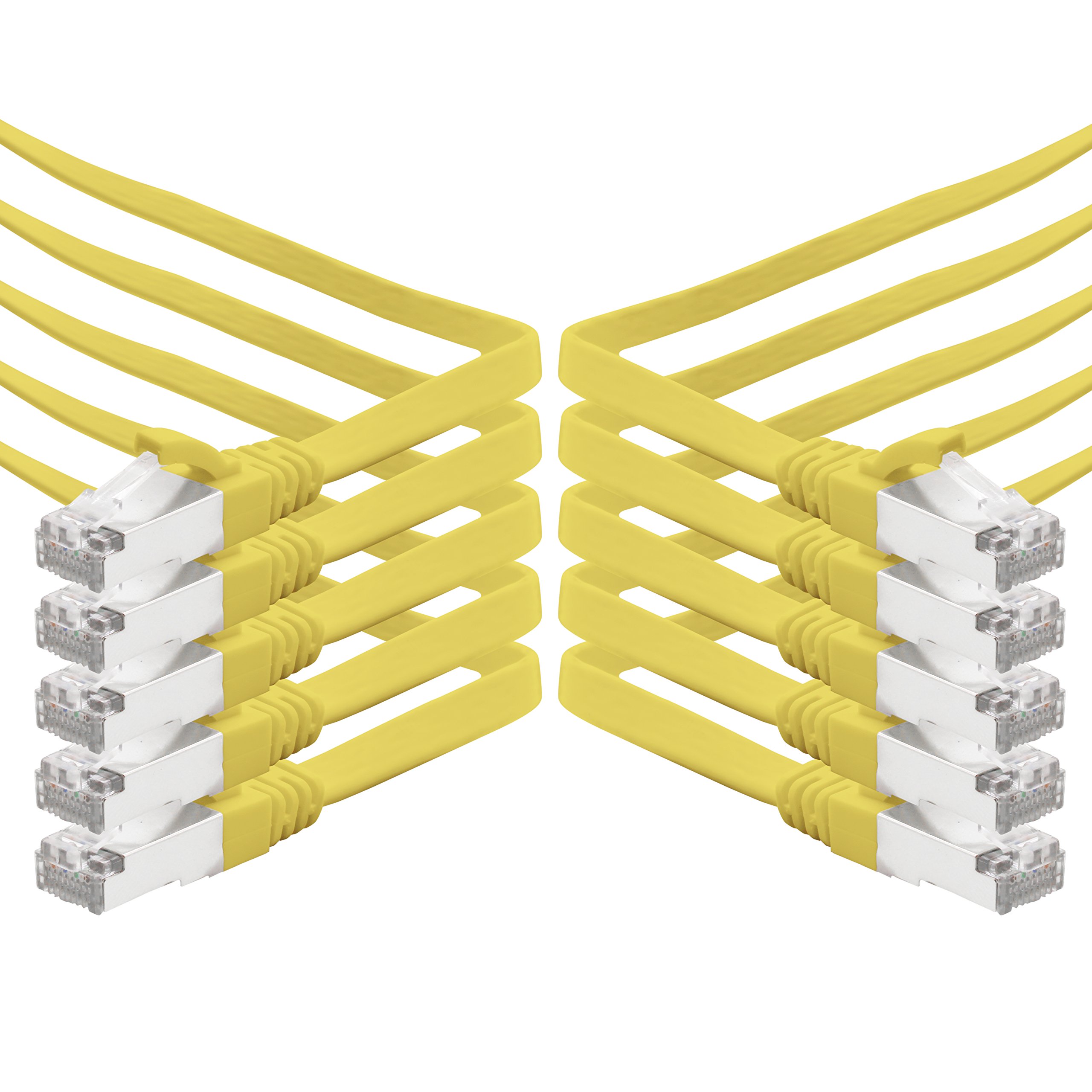 1aTTack.de 0.5m - gelb - 10 Stück CAT.7 Gigabit Ethernet LAN Flachband Flachbandkabel (RJ45) Netzwerkkabel Rohkabel (10Gbit/s) Verlegekabel Flach Slim kompatibel zu Cat.5 - Cat.5e - Cat.6