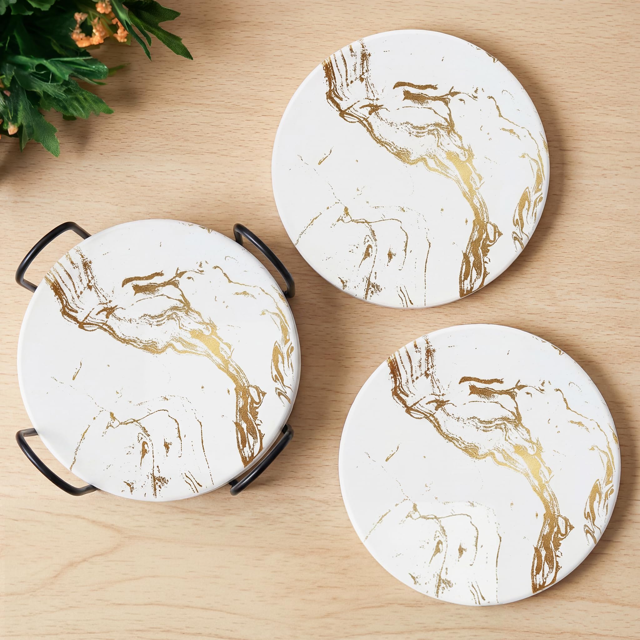 Ceramic Coasters with Matt Finish On Top & Cork Base | Coasters for Cups Set of 6 | Marble Style Ceramic Coaster for Tea, Coffee Table & Dining Table with Metal Holder-image-21