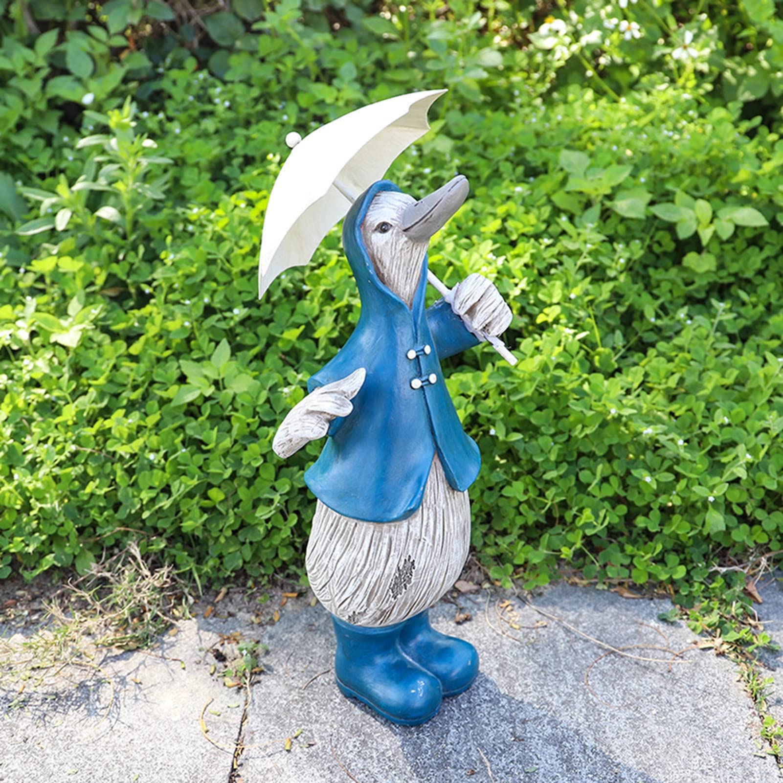Figurka zwierzęcia ogrodowego, realistyczna rzeźba z kreskówki kaczki z parasolem, trwała żywiczna statua, ozdoba patio, podwórka, biura lub trawnika, zielona(Niebieski