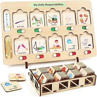 Joyreal Visual Schedule for Kids 3 4 5 6 Years Old, Chores Chart Autism Learning Materials for Home School Classroom, Routine Chart with 75 Wooden Cards and Storage Bag