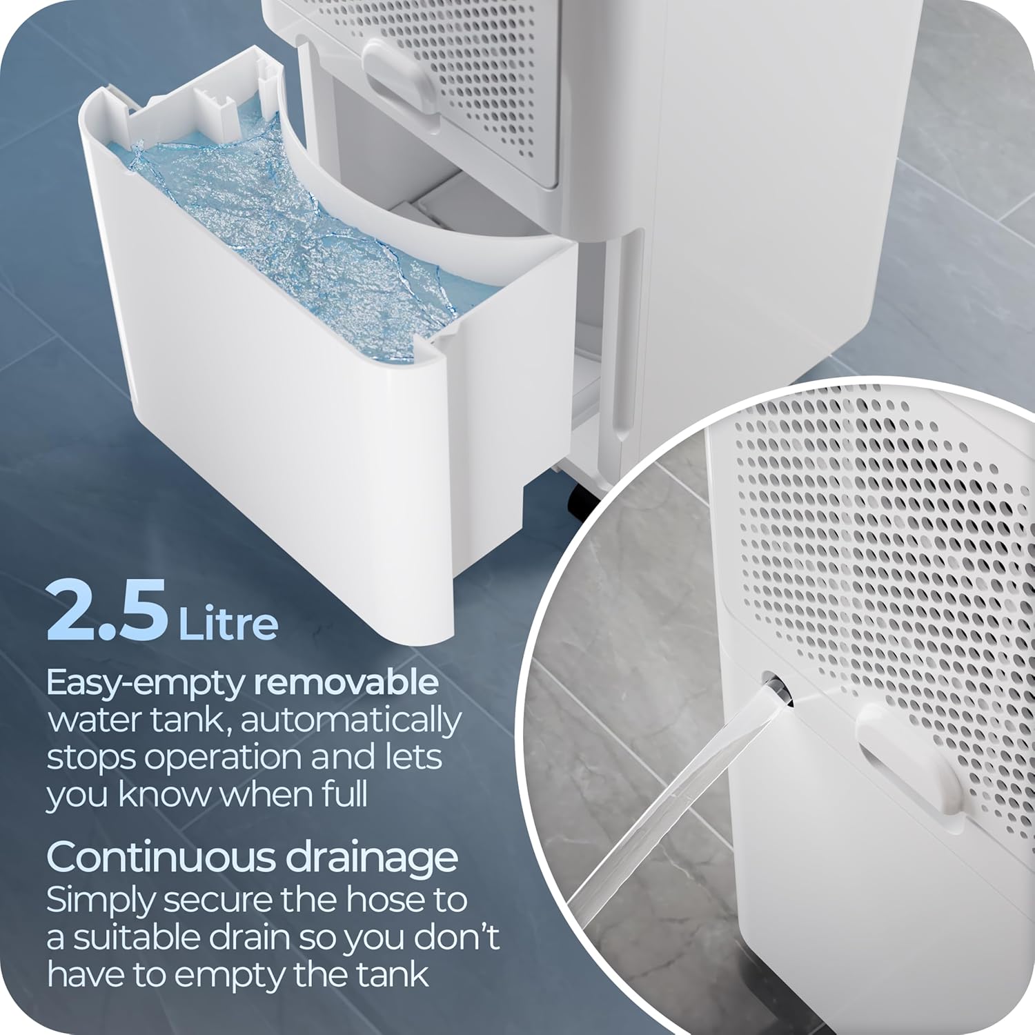 Image showing the 2.5-liter removable water tank of the Avalla X-95 Dehumidifier and the continuous drainage hose connection.