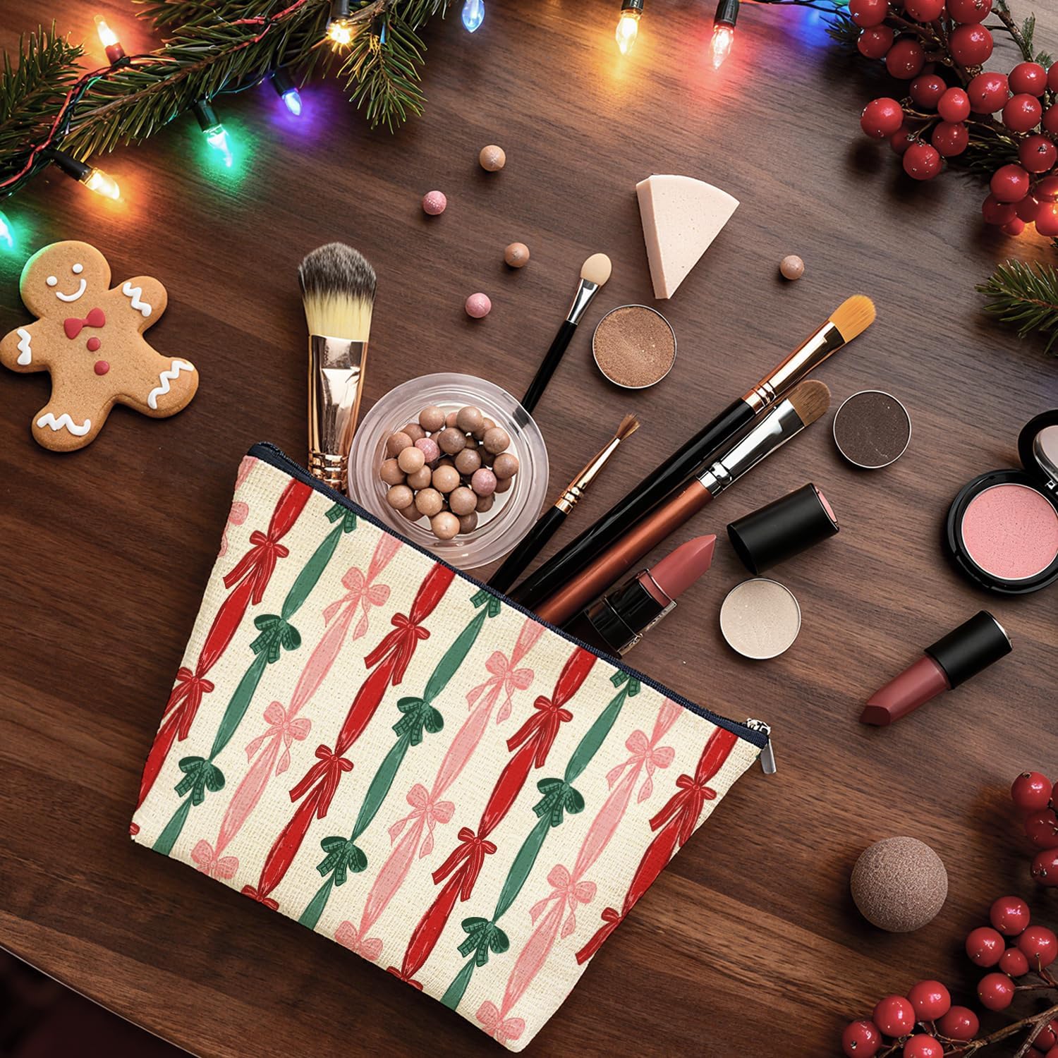 Retro Christmas Ribbon Bow Makeup Bag Gifts for Women, Vintage Red Green and Pink Christmas Cosmetic Bag, Coquette Xmas Holiday Zipper Makeup Pouch Travel Toiletry Bag image 5