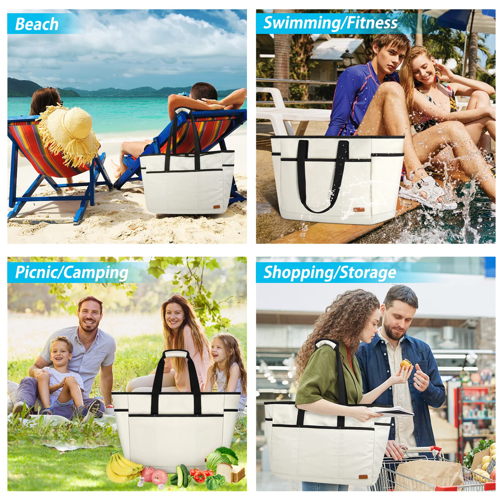 Lubardy Sac de Plage Femme avec Multi-Poches Grande Capacité Sac de Plage XXL Extra Large Famille 30L 40L Sacs à Main Cabas pour Plage Voyages Gym Piscine Rangement Beige