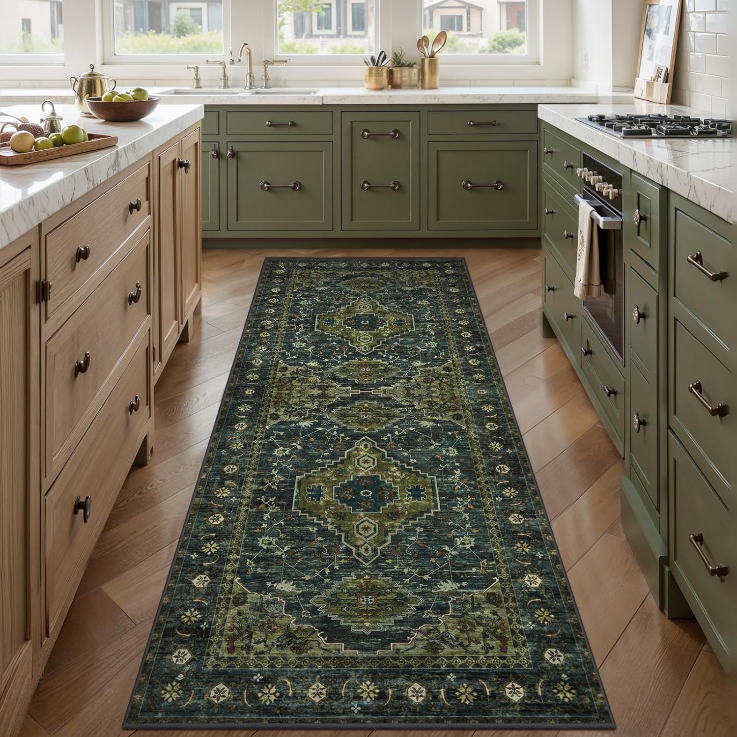 Tangsoo 2x6 Washable Runner Rug for Hallways, Non Slip Vintage Runner Rug, Soft Low Pile Long Rug Runner, Print Distressed Carpet Runners for Kitchen Bedroom Entryway Bathroom Living Room Olive Green