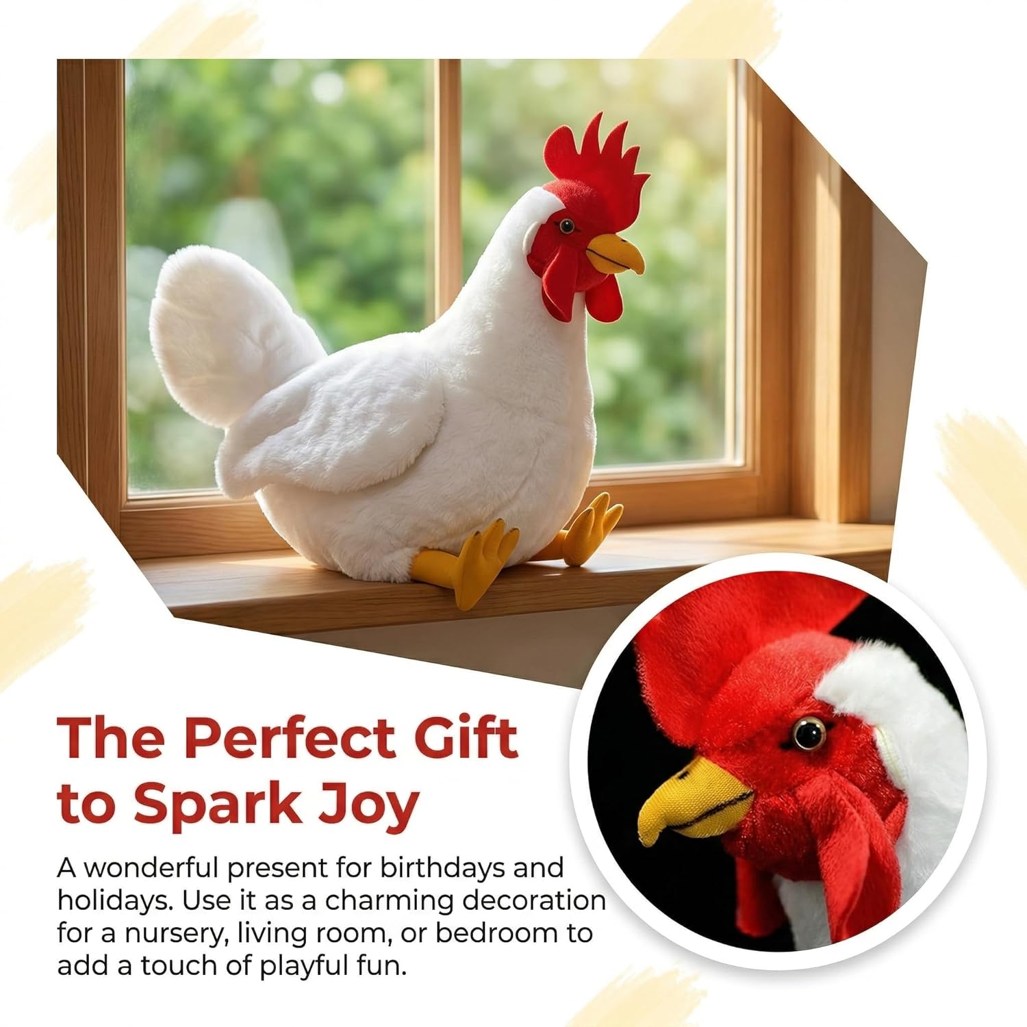 ZHONGXIN MADE White Chicken Plush - Soft Realistic 14” White Chicken Rooster Stuffed Animals, Cute Toys Real Plushie Toy Home Decoration, Unique Plush Gift Collection for Kids