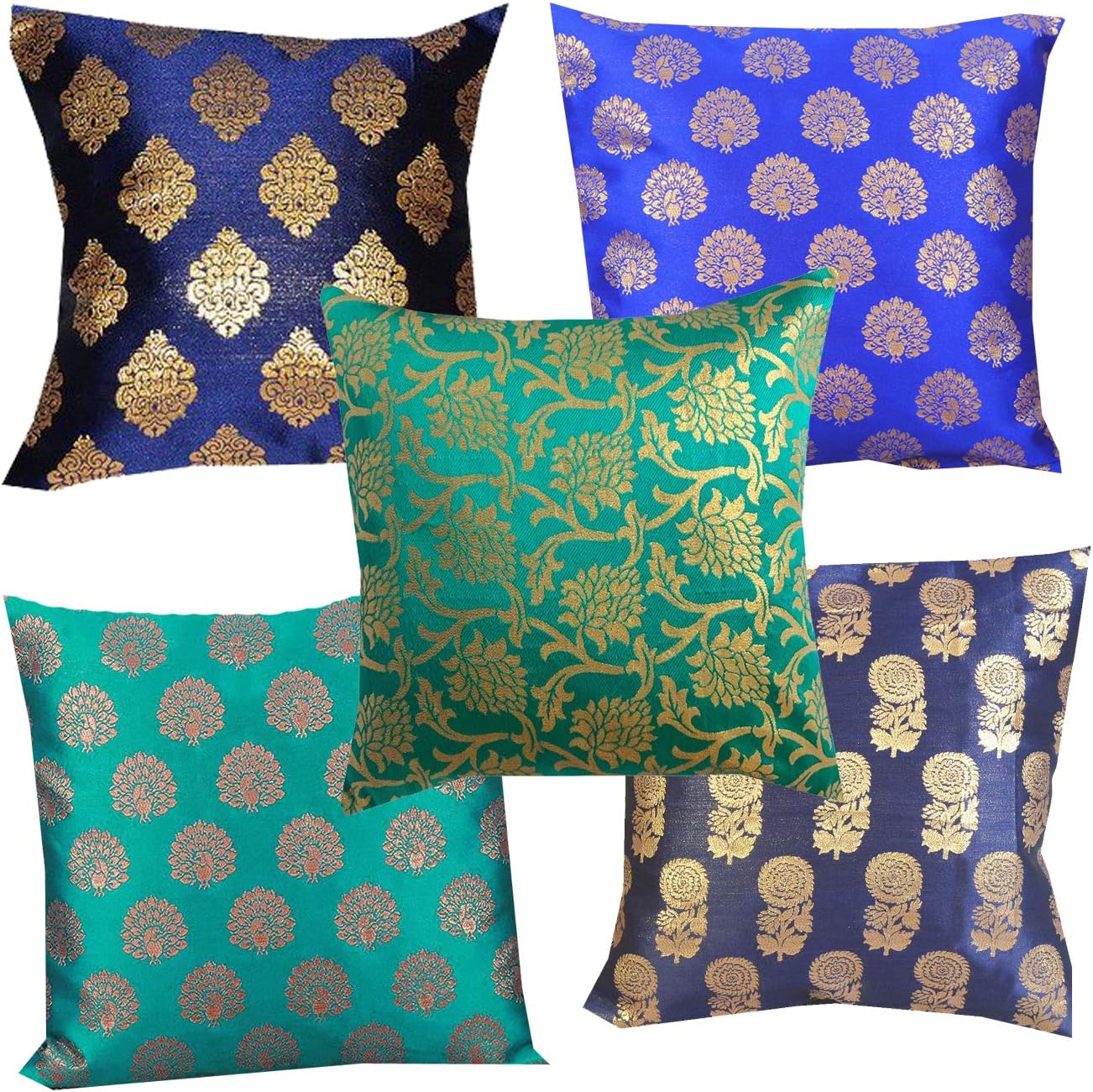 PINK PARROT Polyester Blend Square Cushion Cover, 12 x 12 Inches, Bright Dark and Light Blue Mix - Set of 5