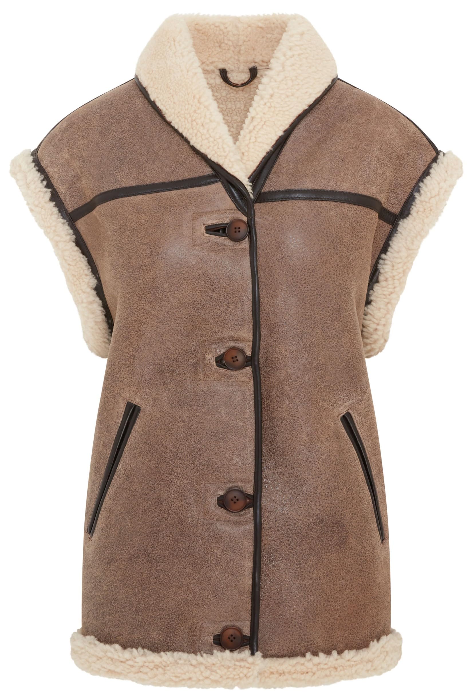 Womens Brown Aviator Shearling Sheepskin Leather Gilet Waistcoat Body Warmer