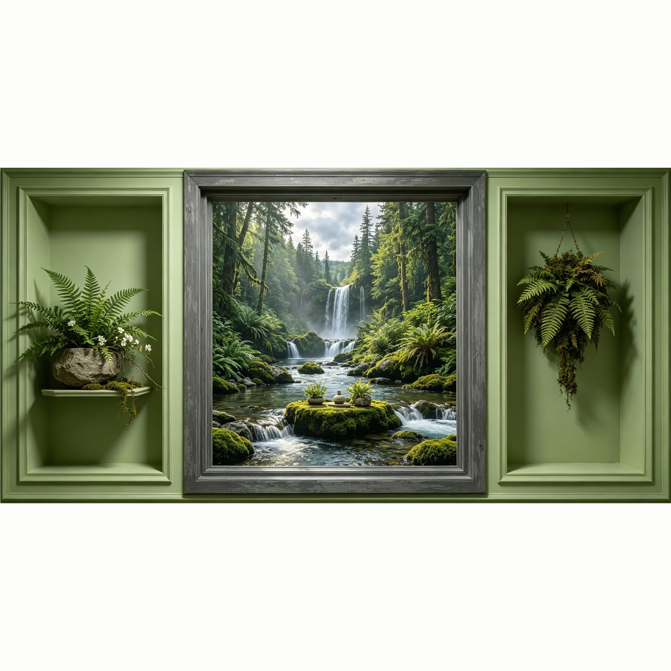QZLITHOTIC 50x100cm 3D Framed Wall Art， Lush Forest Waterfall Landscape Botanical SelfAdhesive Mural， WaterActivated Peel & Stick Fabric Decor Wall Decal for Bedroom Living Room