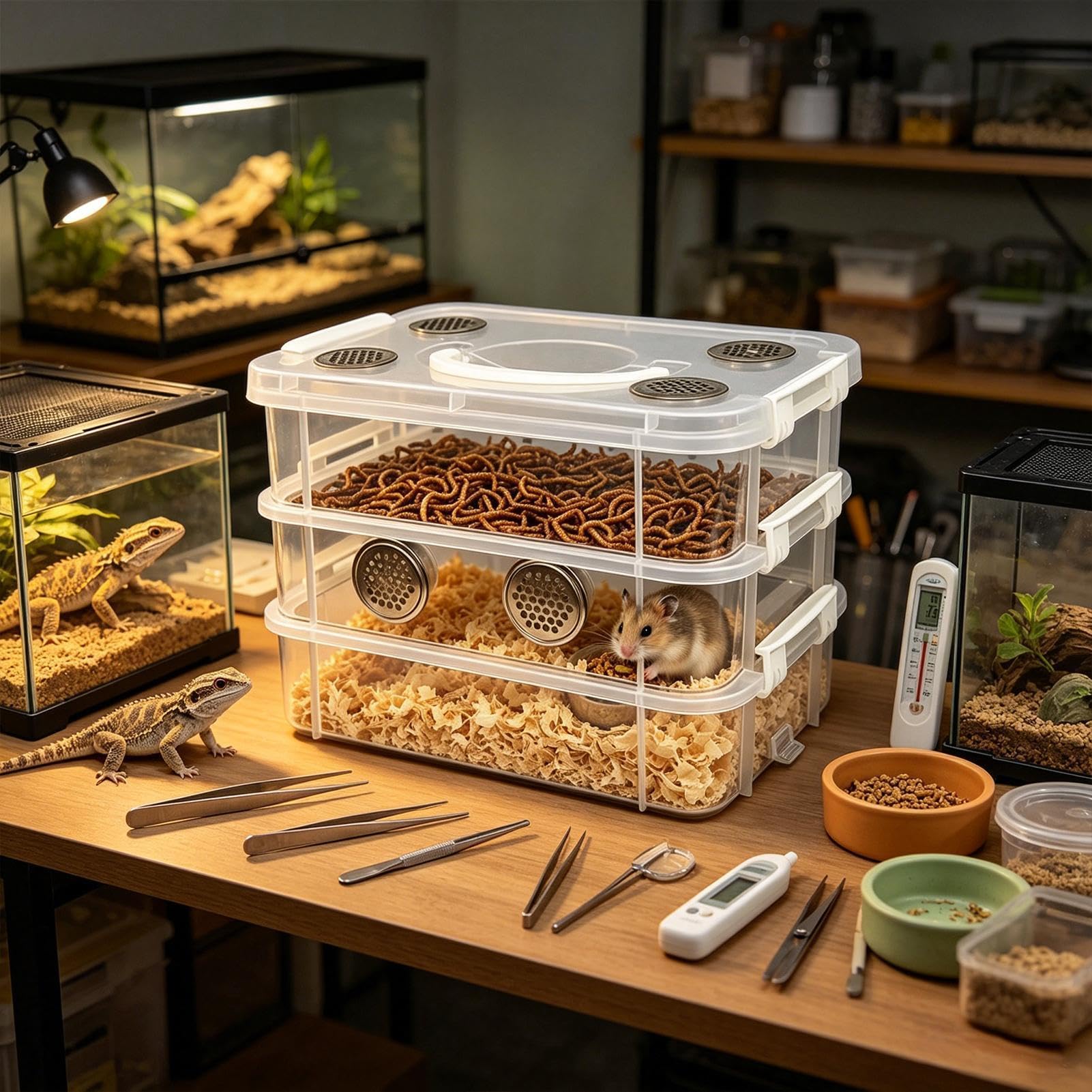 Worm Farm - Caja de cría transparente resistente al olor, contenedor de filtrado de residuos de gusanos de seda, para reptiles, animales, hogar, aula, educación, escuela