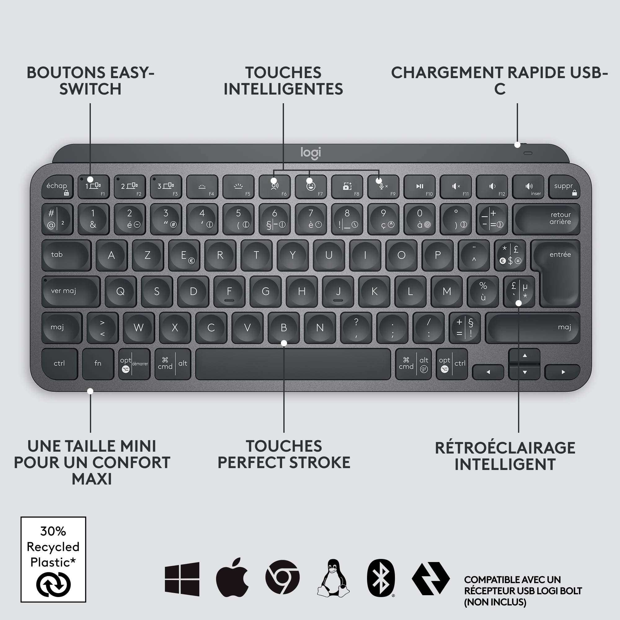 Logitech MX Keys Mini Minimaliste Clavier sans Fil Illuminé, Compact, Bluetooth, Rétroéclairé, USB-C, Compatible Apple macOS, iOS, Windows, Construction métal, Francais AZERTY - Gris foncé