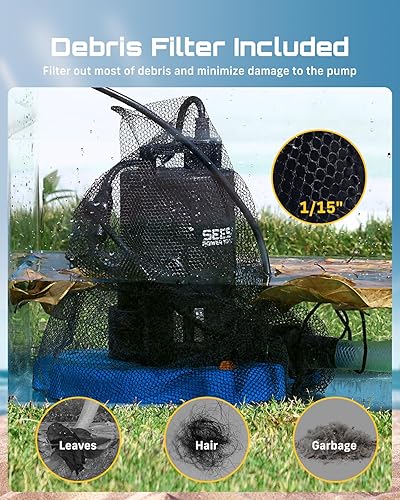 Miniatura 4 de SEESII Bomba de cubierta de piscina de 13 HP, encendidoapagado automático, bomba de agua sumergible de 3035 GPH con red de filtro, cable de