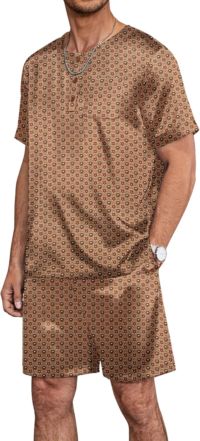 Ekouaer Men Silk Pajamas Set 2 Piece Pjs Soft Satin Sleepwear Shorts Button Down Tops Loungewear with Pockets