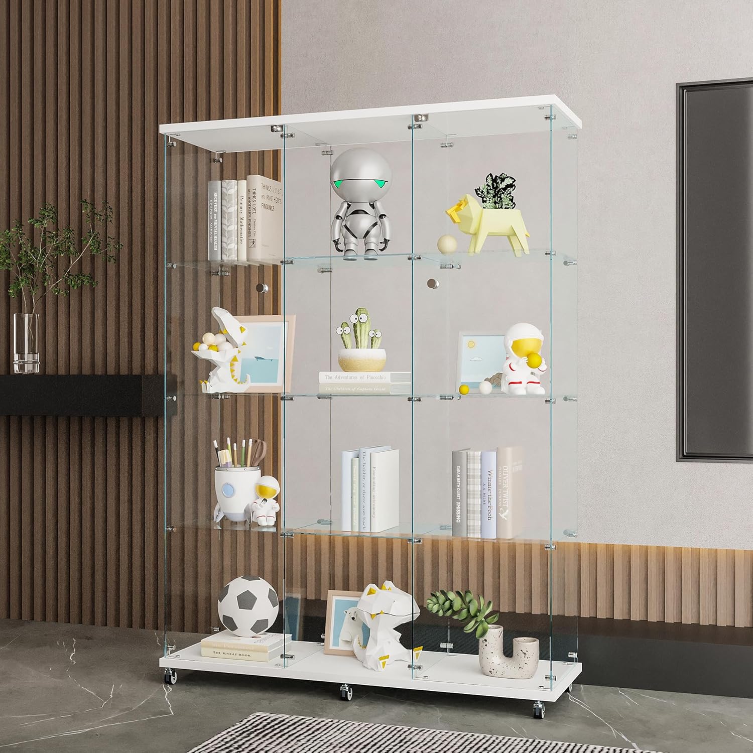 4 Shelves Glass Display Cabinet with 2 Doors Extra Large Display Case Curio Cabinets with Whees & Lock,Glass Bookshelf Storage Collection Display Case for Living Room,47.71"W x 14.37" D x 66.53"H