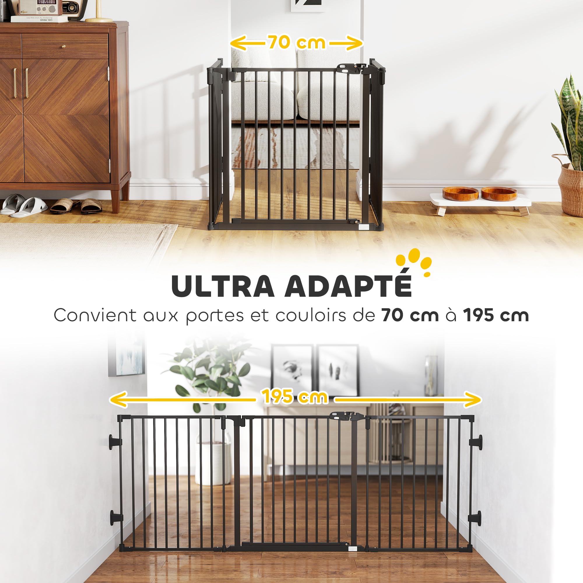 PawHut Barriere de securite Chien Pliable avec Porte en Acier, Barriere de securite cheminée 3 Panneaux modulable Fermeture Automatique, Grille de Protection pour Animaux 202,5 cm, Noir | 3 Panneaux Modulable, Fermeture Automatique, Grille de Protection p