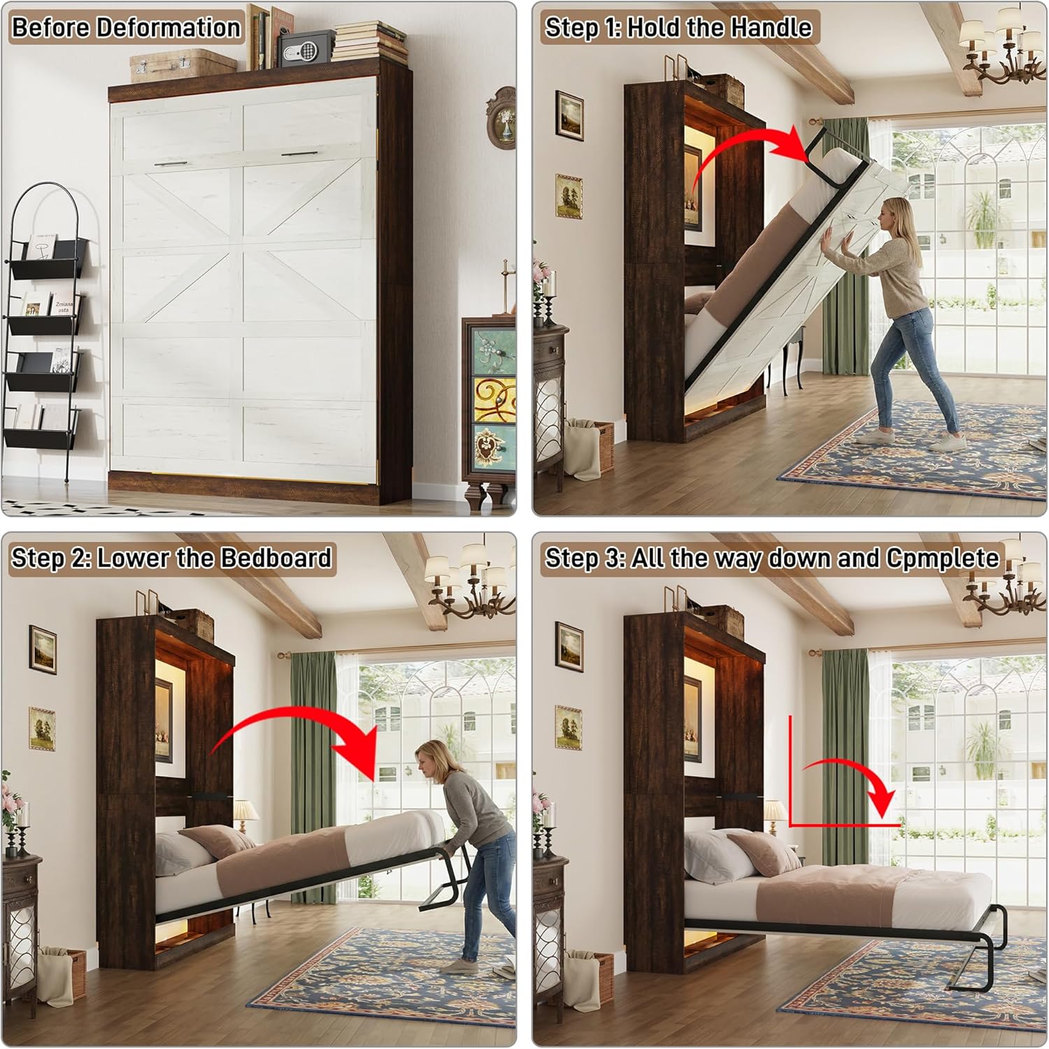 Hlivelood Queen Size Murphy Bed with 2 LED Lights, Farmhouse Wood Hidden Foldable Wall Bed Frame w/Gas Struts, Storage Bed Cabinet for Bedroom, Office, Space-Saving, No Box Spring Needed, Rustic White