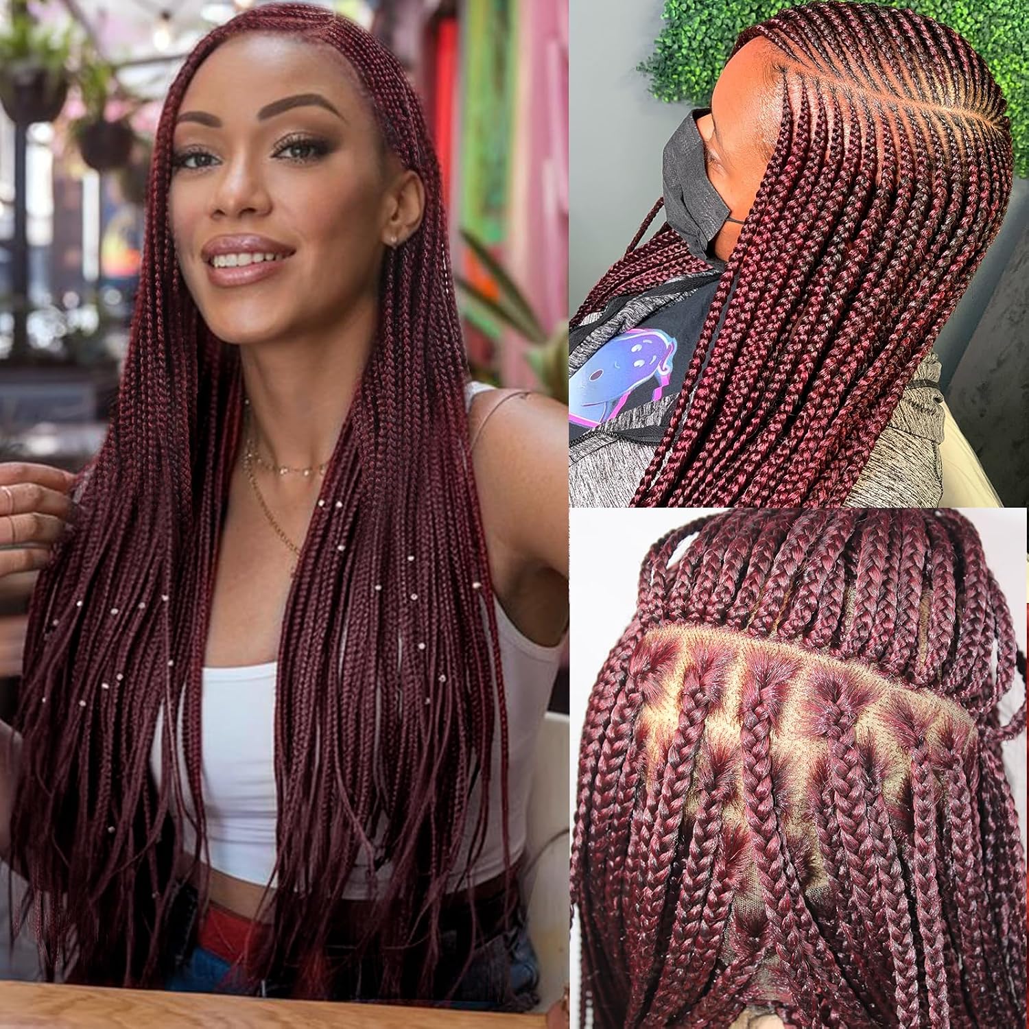 DOSAY 360 Full Lace Knotless Cornrow Braided Wigs for Black Women Burgundy Red Box Braid Wig with Baby Hair Human Hair Blended Natural Looking Braided Lace Front Wigs 36 Inch