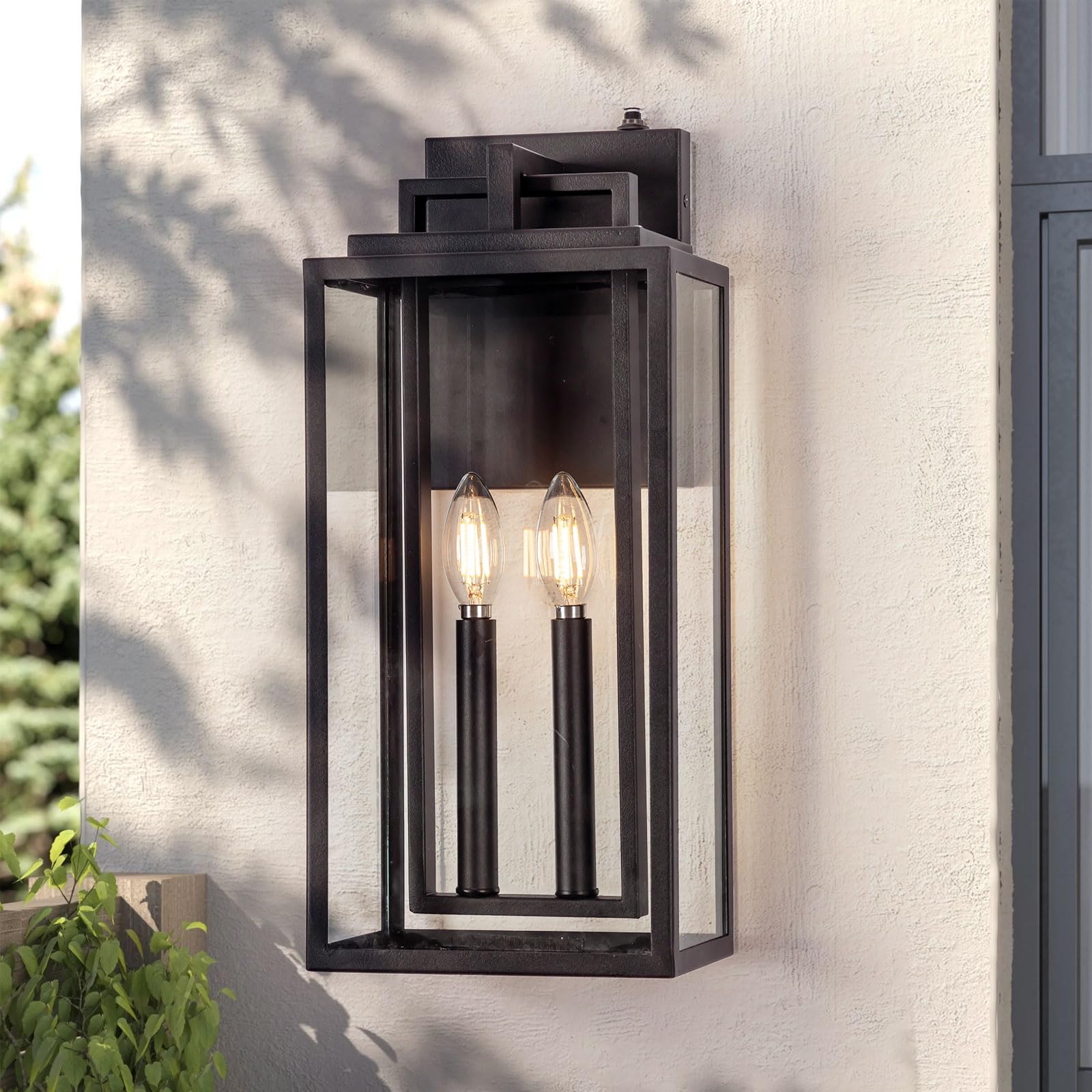 Dusk to Dawn Outdoor Wall Sconce Waterproof Wall Lantern 2-Light, 20"Large Outside Modern Wall Mount Light, Exterior Industrial Matte Black Porch Light with Glass for House Patio Garage, 1-Pack