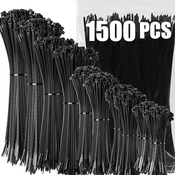 XINGO Black Zip Ties Assorted Size 1500 Pack, 4+6+8+10+12 Inch, Self-Locking UV Resistant Nylon Cable Ties Perfect for Home, Office, Garden and Workshop