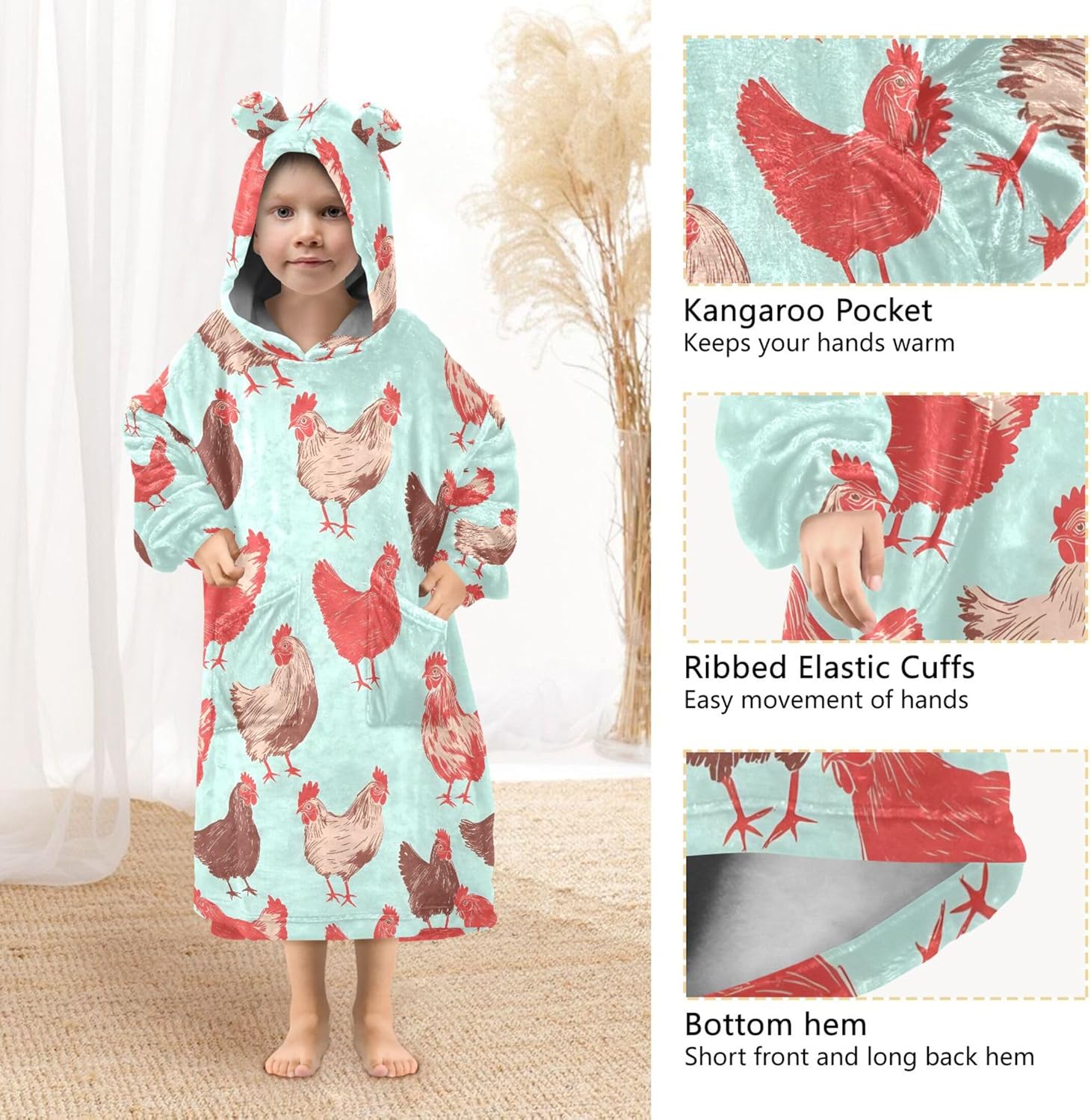 Cock Rooster Kids Wearable Blanket Hoodie with Pocket and Sleeves for Toddlers, Cute Hoodies Girls Boys B0403776