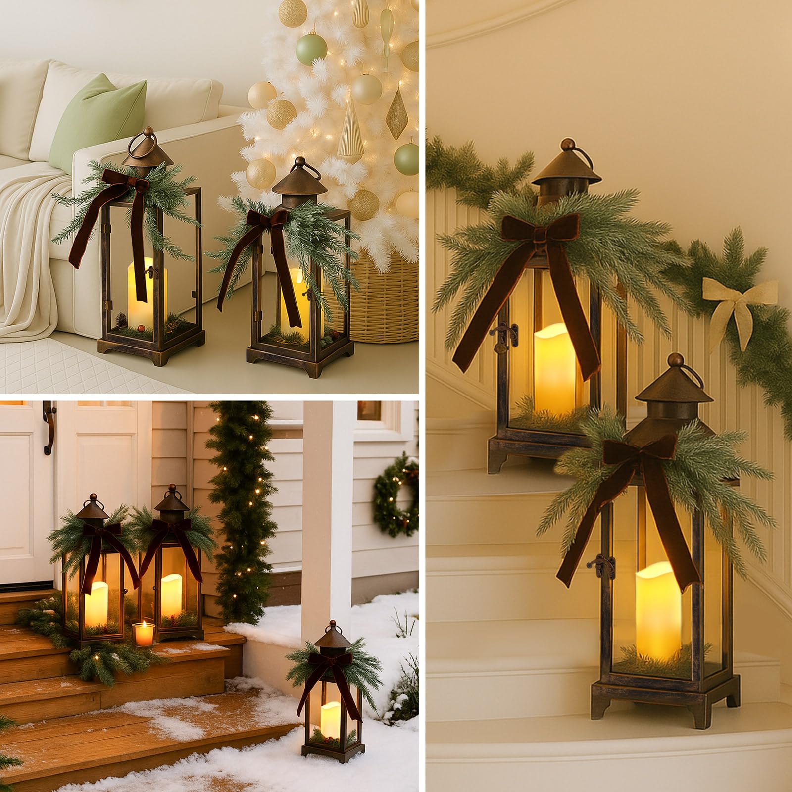 Baquler 2 faroles de metal de Navidad y velas LED falsas de 12 y 15 pulgadas, faroles decorativos con adorno de Navidad para porche, decoración interior al aire libre, regalo de fiesta (bronce)