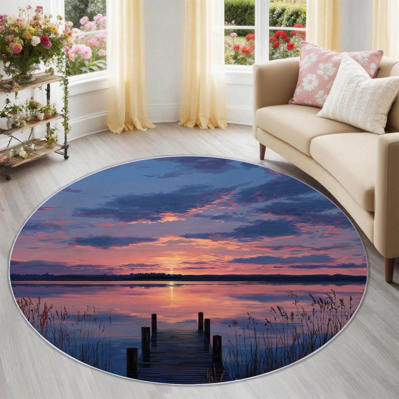 Tapis rond bleu paysage pour une descente de lit cosy