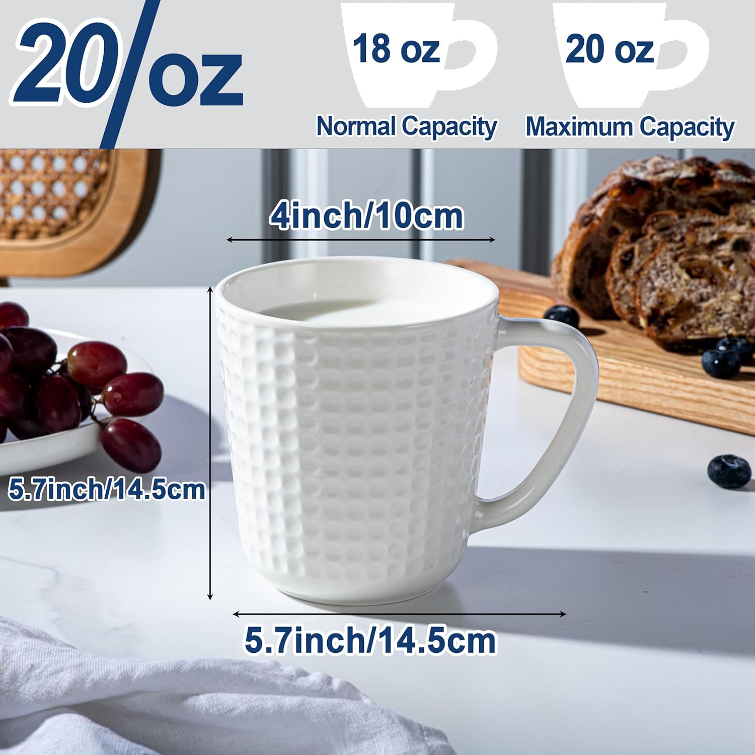 Large Coffee Mug, 20 oz Ceramic Coffee Cup with Handle, Porcelain Big Tea Cup for Office and Home, for Latte Cocoa Dishwasher and Microwave Safe, 1PC, White - Image 2