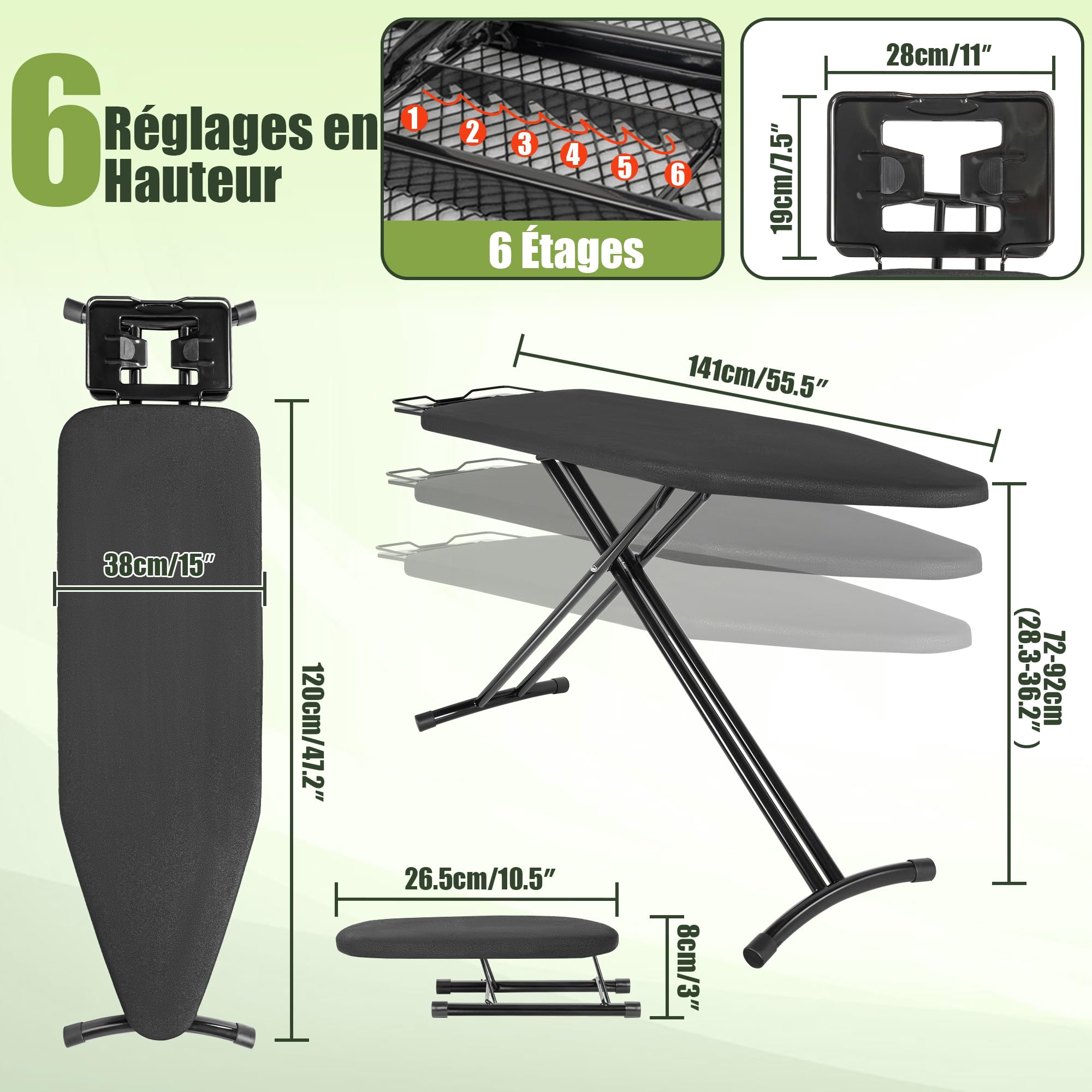 Table à Repasser Pliable avec Fer à Repasser 120x38CM | Planche à Repasser et Pieds Antidérapants et Housse Résistante à Chaleur, Stable et Léger, Réglable en Hauteur 72-92CM, Noir