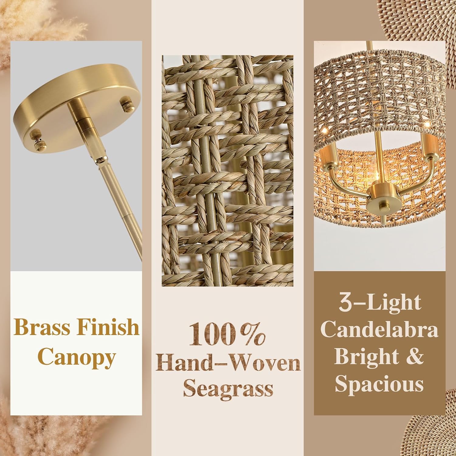 3-Light Rattan Chandelier Chandeliers for Dining Room, Boho Chandelier, Coastal Hand Woven Pendant Light Fixture for Kitchen Island Entryway Foyer Living Room Bedroom UL Listed Gold