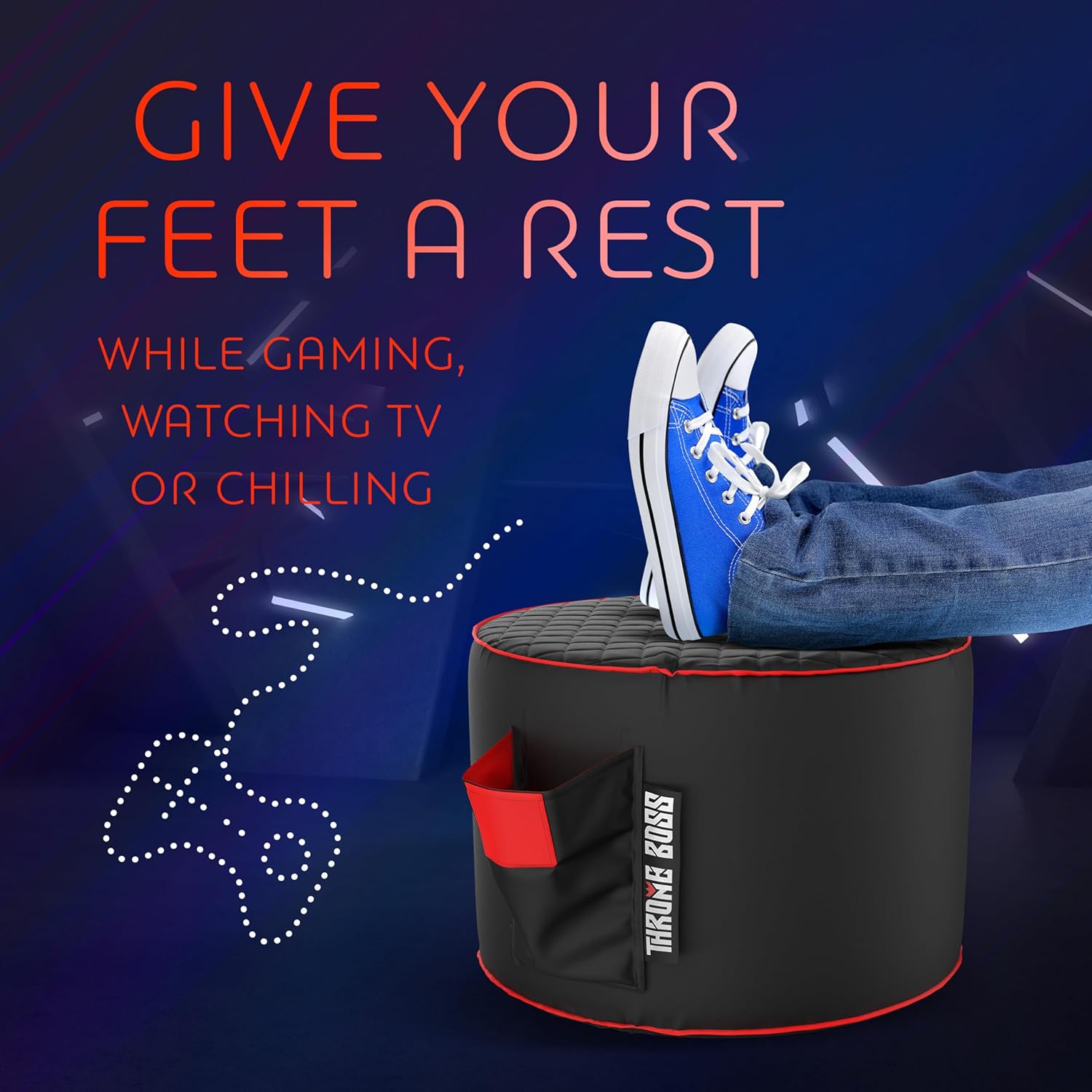 Throne Boss Gaming Footstool - Cover ONLY No Filling - Matching Bean Bag Chair Pouf/Ottoman - Round Gamer Foot Stool Footrest with Drink Holder (Red)