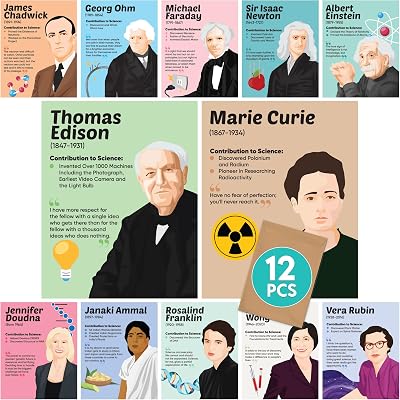 Decorably 12 Science Posters High School, 11x17in Matte-Laminated Educational Famous Scientists Posters - School Hallways, Bulletin Boards, Home Study Room