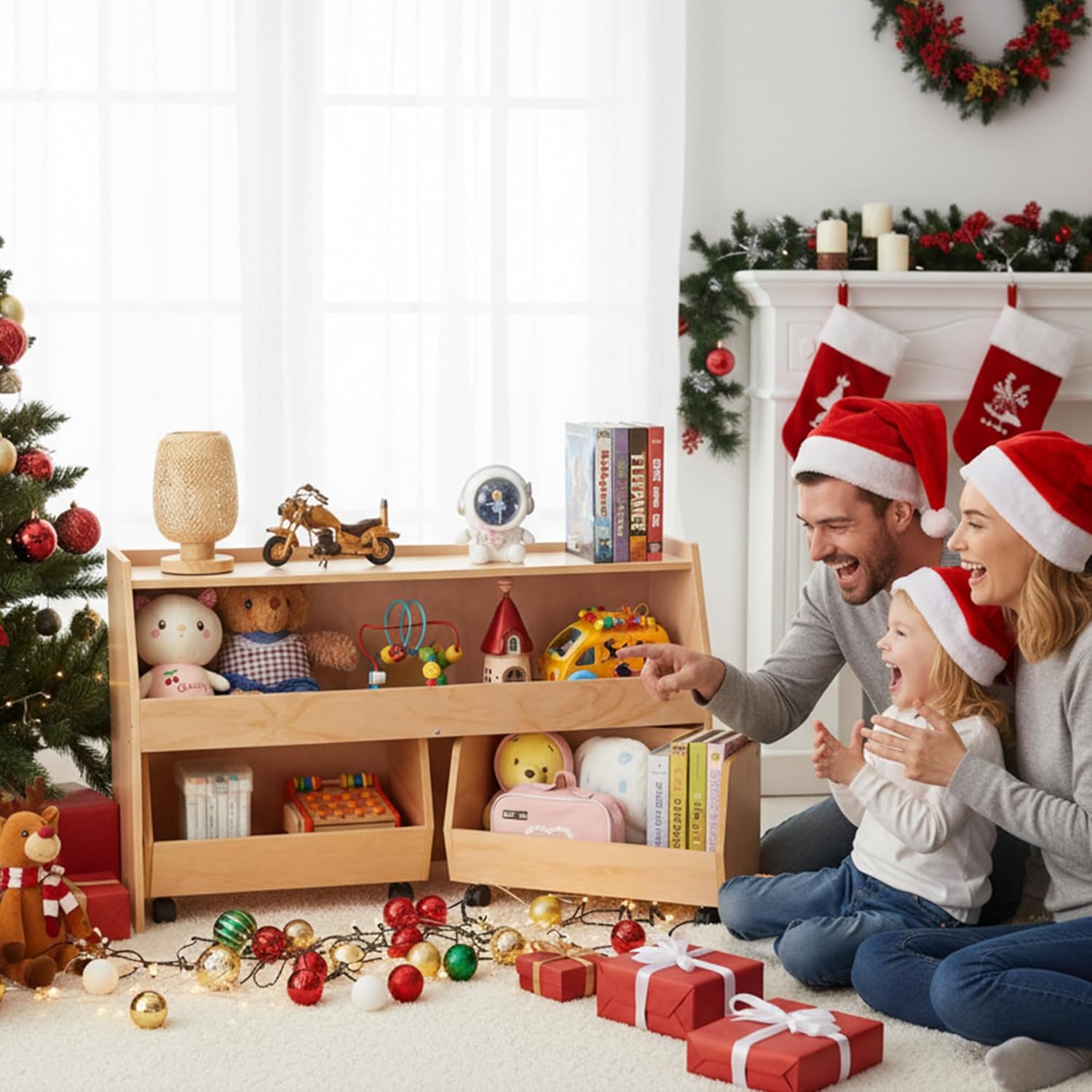Montessori Shelf 3-in-1 Kids Toy Organizer with Wheels, 2 Pull-Out Drawers & 2-Tier Wooden Storage Cabinet, Spacious Kids Bookshelf Toy Shelf Storage Organizer for Playroom
