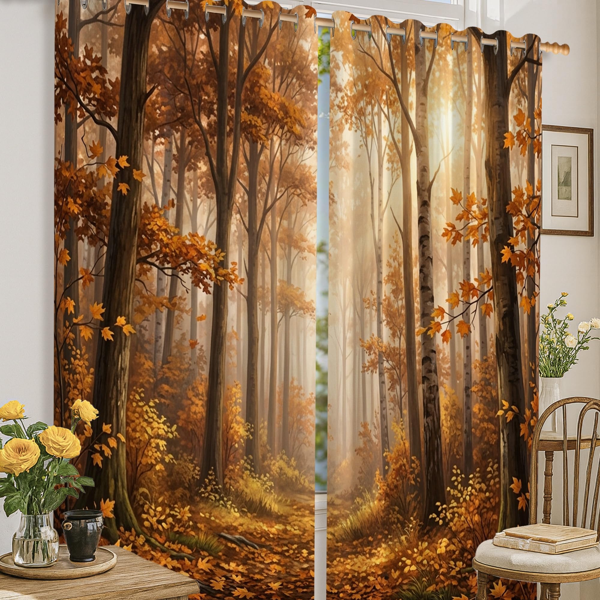 Rideau occultant thermique orange 132x183cm pour chambre bébé motif feuilles forêt