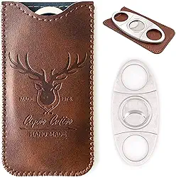 Cortador de charuto de aço inoxidável com capa de couro, lâmina dupla para um corte perfeito preciso, Brown Deer