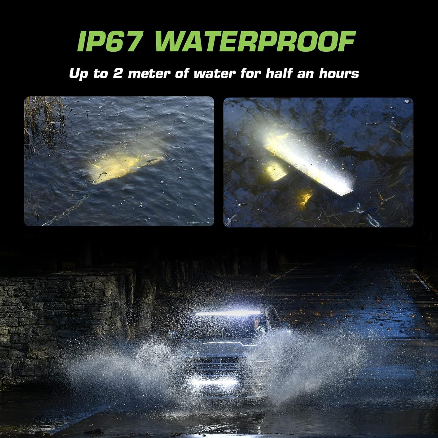Diagram showing beam distance and patterns (spot and flood) of EVERGEAR LED lights