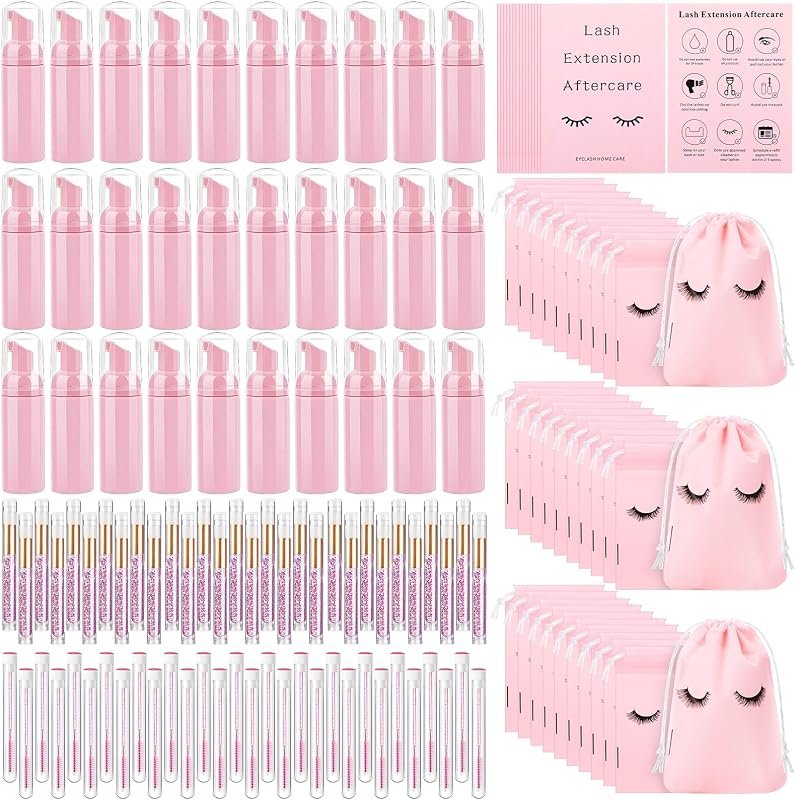 Zhehao Kit para cuidados de cílios com 150 peças, frascos, escovinhas, bolsas e cartões, rosa
