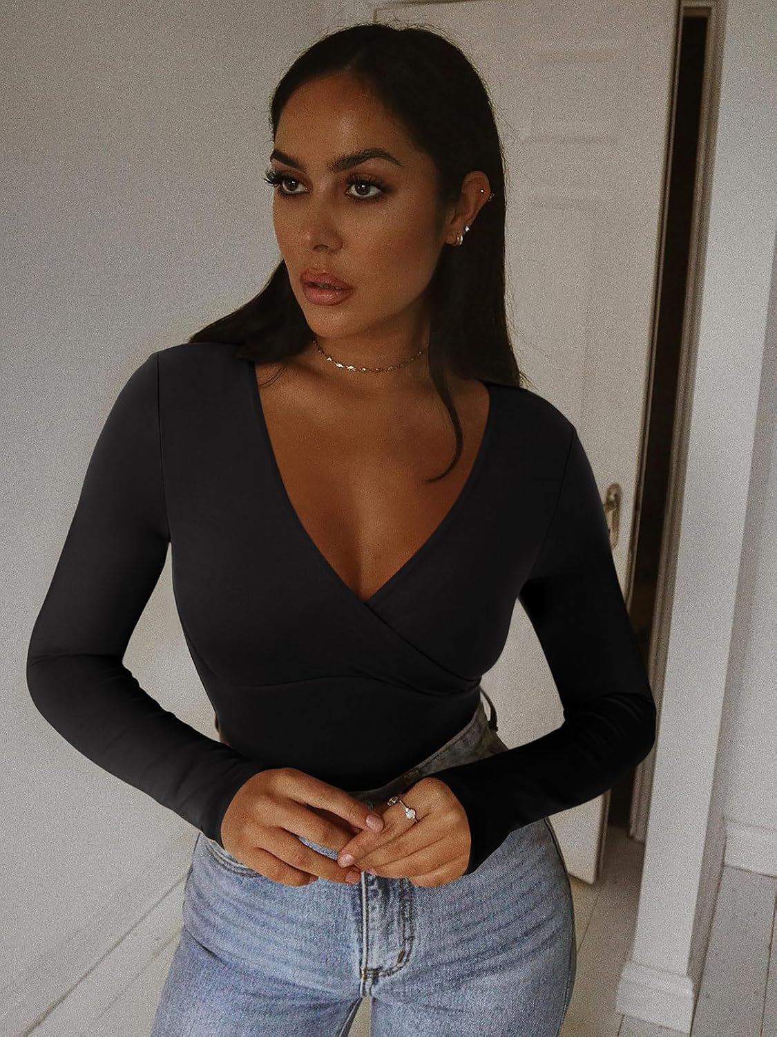 REORIA Womens Sexy Deep V Neck Bodysuit Cross Wrap Bodysuit Long Sleeve Double Lined Top Going Out Outfits - Image 4