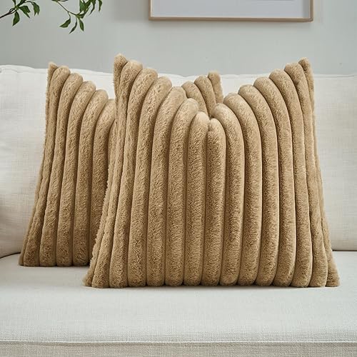 Juego de 2 fundas de almohada decorativas con rayas de color camello, 18 x 18 pulgadas, cuadradas y primaverales, piel sintética de conejo suave y