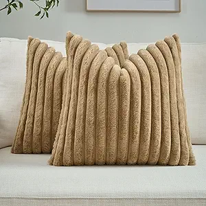 FUTEI Camel Striped Decorative Throw Pillow Covers 22x22 Inch Set of 2,Square Fall Decorations Couch Pillow Case,Soft Cozy Faux Rabbit Fur & Velvet Back,Modern Home Decor for Bed