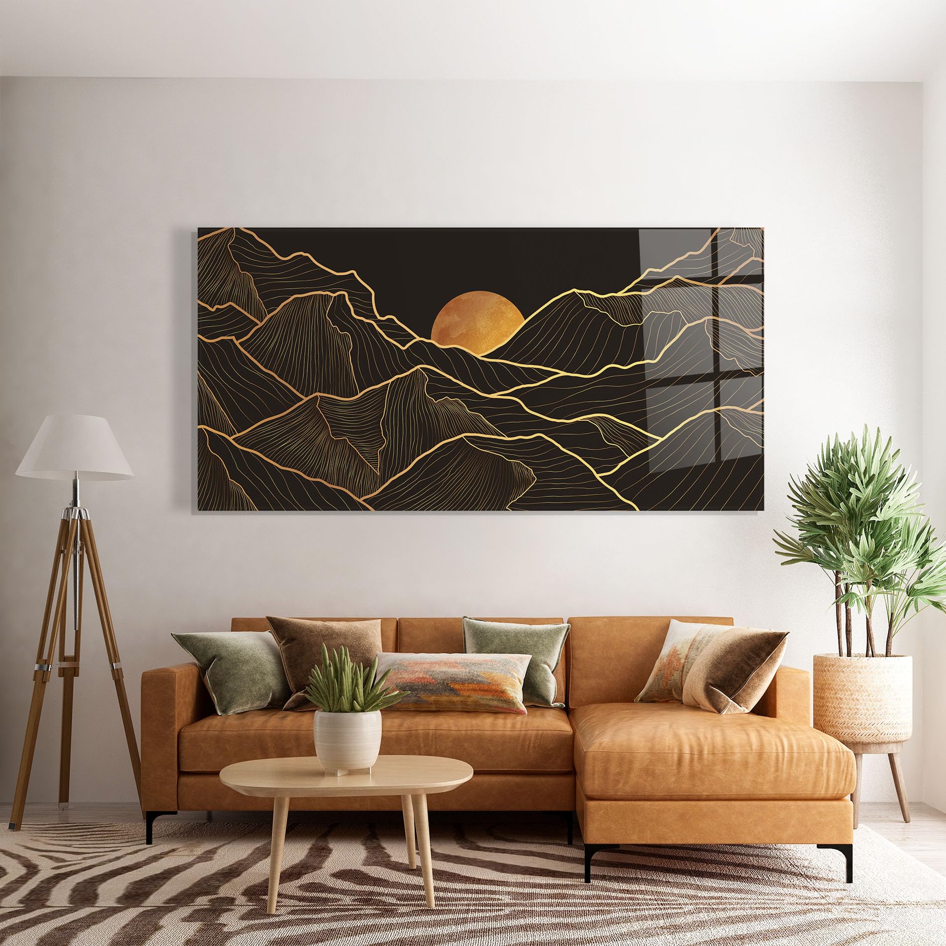 ARTHUB® Moderne impression sur verre 60x150 cm, 4mm verre trempé | Tableau en verre salon et chambre, Décoration murale moderne, Décoration intérieure, paysages, Black Gold Mountains