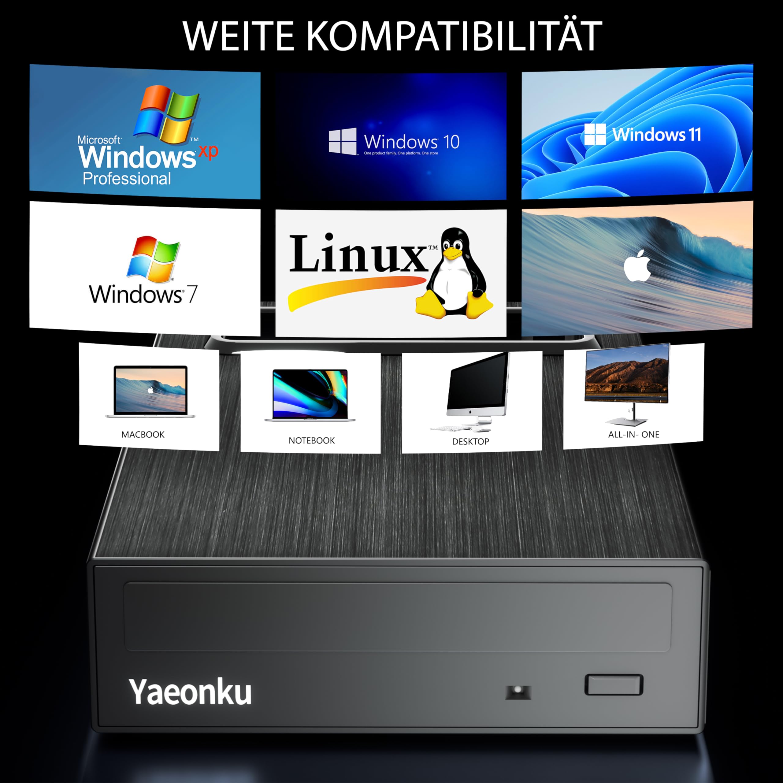 Yaeonku 4-in-1 Externes Blu ray Laufwerk, 16X USB 3.0 und Typ-C Leistungsstarke Desktop Externes Bluray Laufwerk Brenner DVD Brenner Optisches Laufwerk Ladegerät HDD Gehäuse USB HUB für Mac/PC