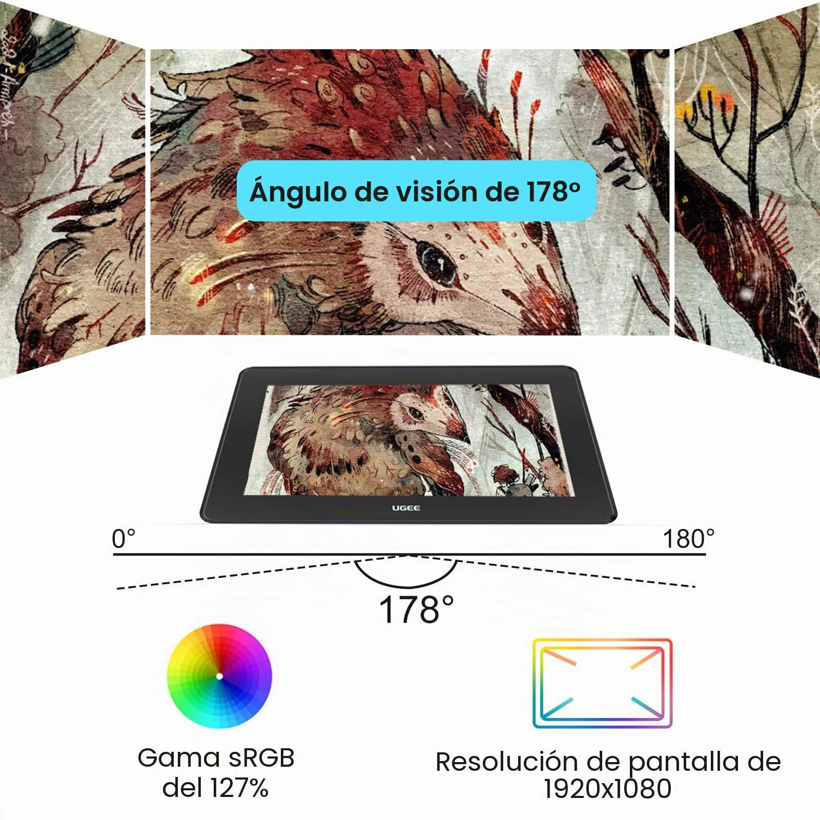 UGEE U1600 Tableta de Dibujo, Monitor de Dibujo FHD de 15,4 Pulgadas computadora Digital Tableta de Dibujo de Arte con Pantalla 8192 Stylus sin batería para Windows, Mac, Chrome OS 88, Android, Linux